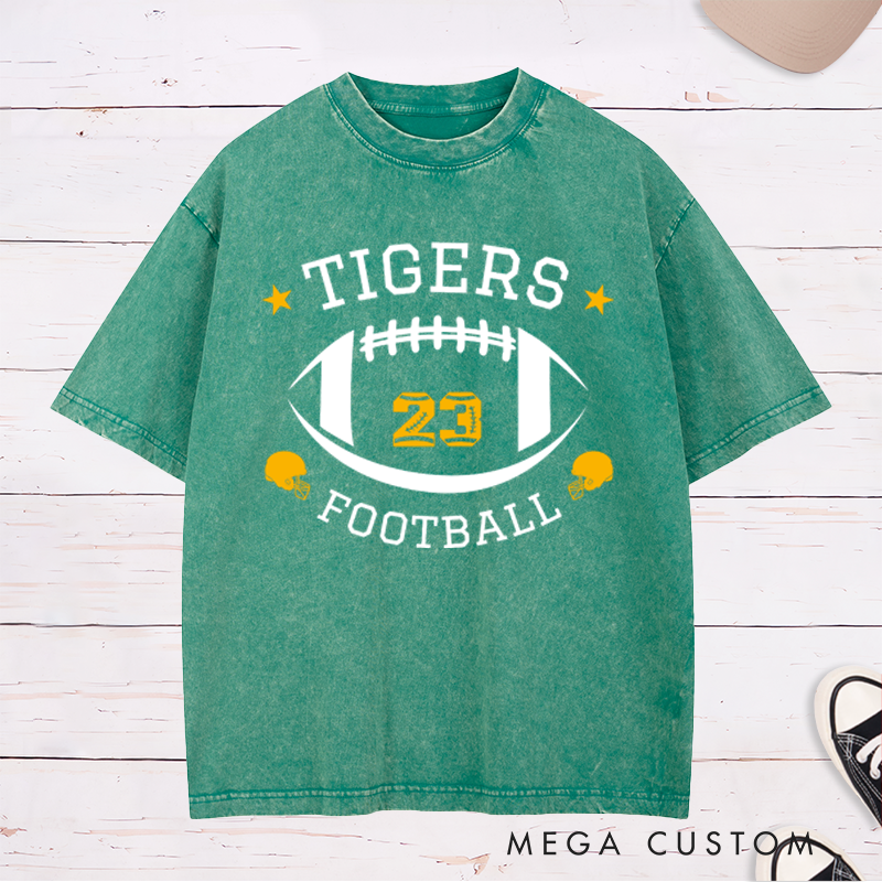 Personalized American Football Bold Team Design Washed T-Shirts with Custom Team Name and Number on the Front