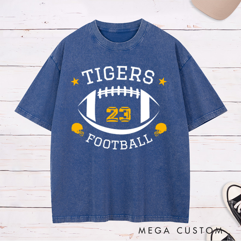 Personalized American Football Bold Team Design Washed T-Shirts with Custom Team Name and Number on the Front