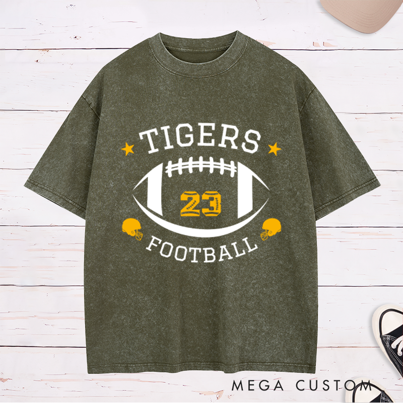 Personalized American Football Bold Team Design Washed T-Shirts with Custom Team Name and Number on the Front