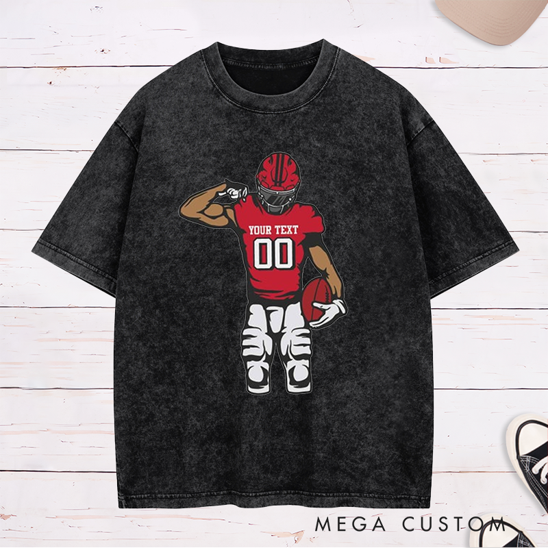 Personalized American Football Washed T-Shirts Featuring Custom Name and Number on the Front