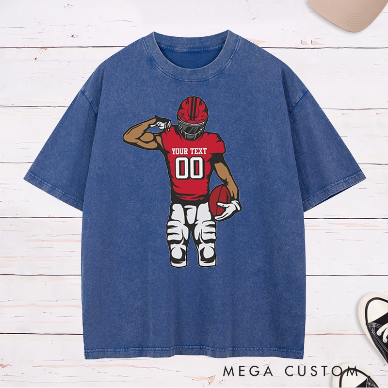 Personalized American Football Washed T-Shirts Featuring Custom Name and Number on the Front
