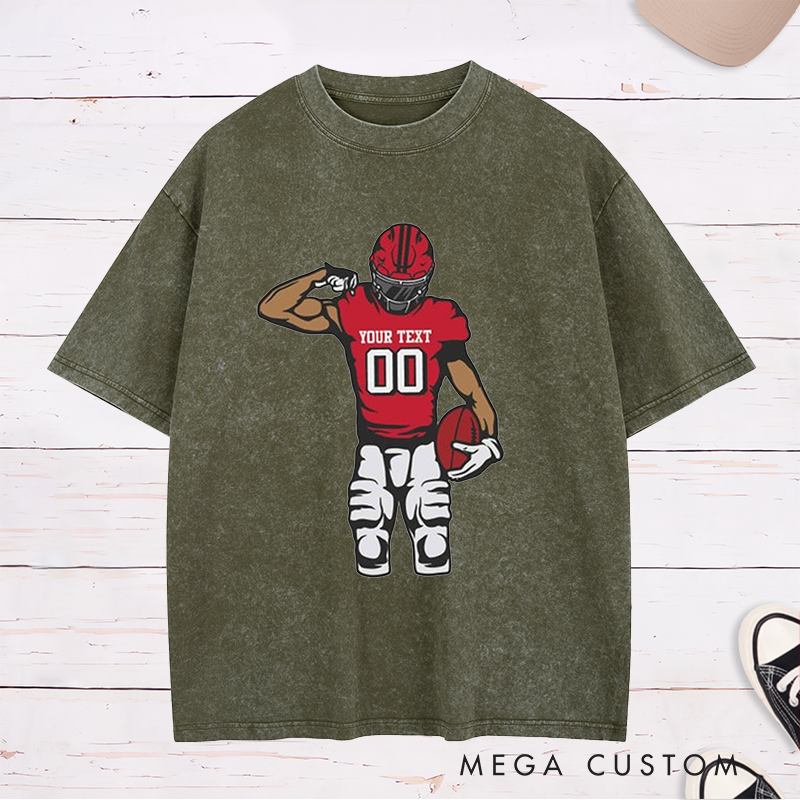 Personalized American Football Washed T-Shirts Featuring Custom Name and Number on the Front