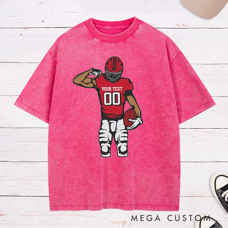 Personalized American Football Washed T-Shirts Featuring Custom Name and Number on the Front