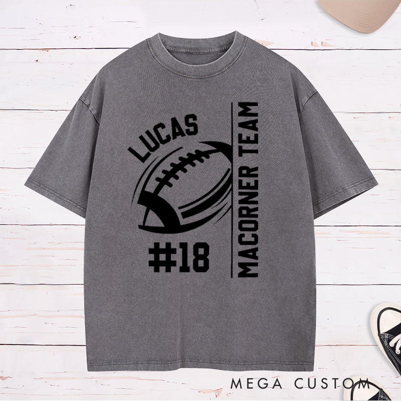 Personalized American Football and Rugby Design Washed T-Shirts Custom Mascot, Name and Number
