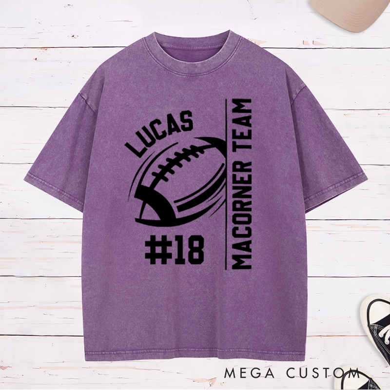 Personalized American Football and Rugby Design Washed T-Shirts Custom Mascot, Name and Number