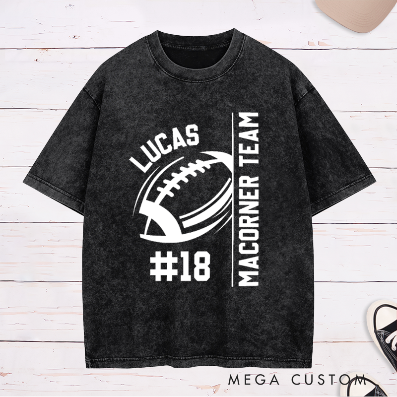 Personalized American Football and Rugby Design Washed T-Shirts Custom Mascot, Name and Number