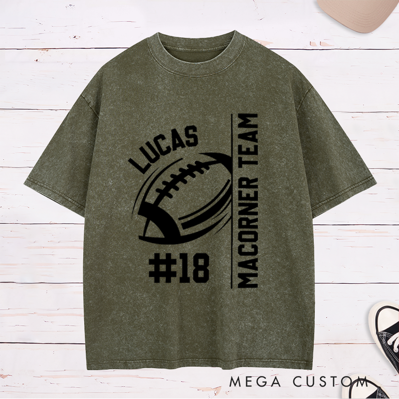 Personalized American Football and Rugby Design Washed T-Shirts Custom Mascot, Name and Number