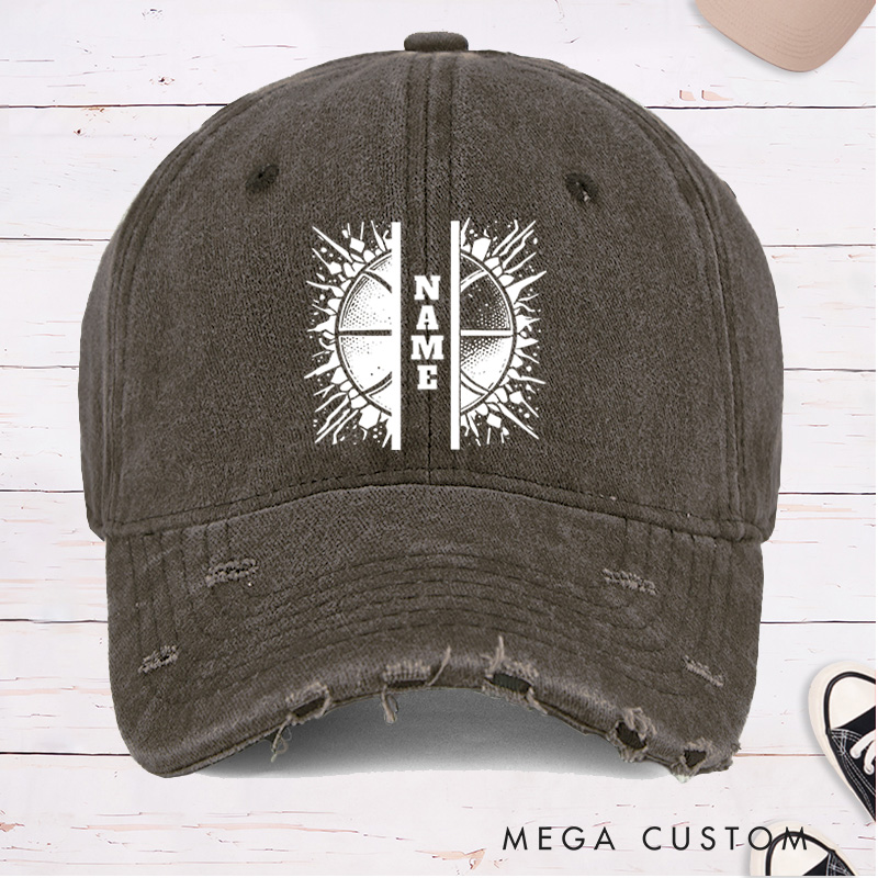 Personalized Distressed Denim Basketball Cap with Custom Name and Split Basketball Graphic Design
