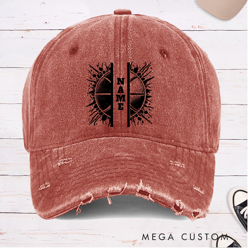 Personalized Distressed Denim Basketball Cap with Custom Name and Split Basketball Graphic Design