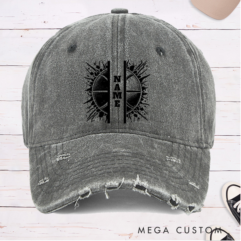 Personalized Distressed Denim Basketball Cap with Custom Name and Split Basketball Graphic Design
