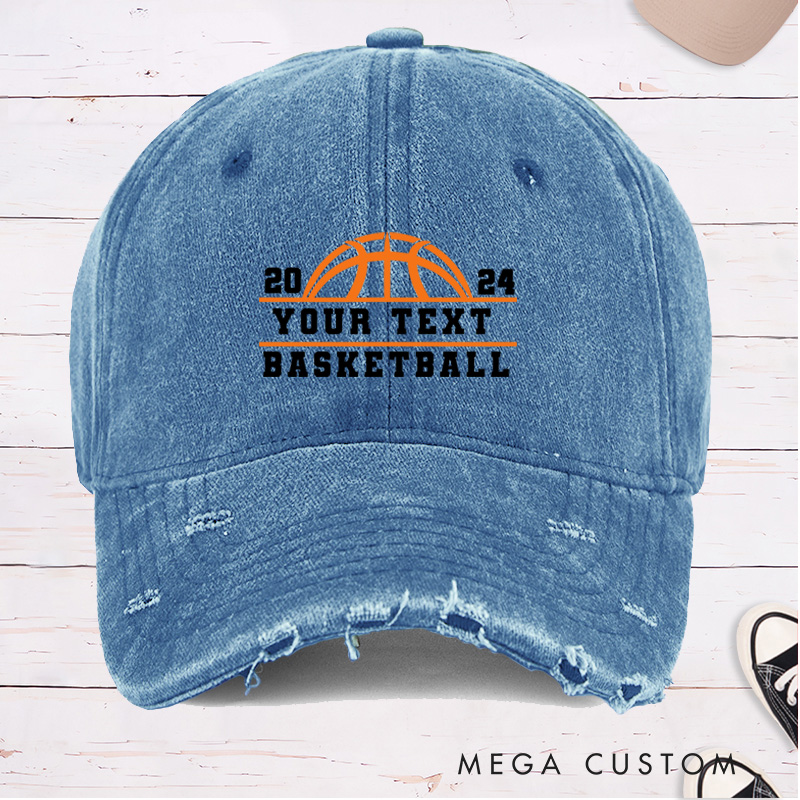 Personalized Distressed Denim Basketball Cap with Custom Year Team Name and Basketball Graphic Design