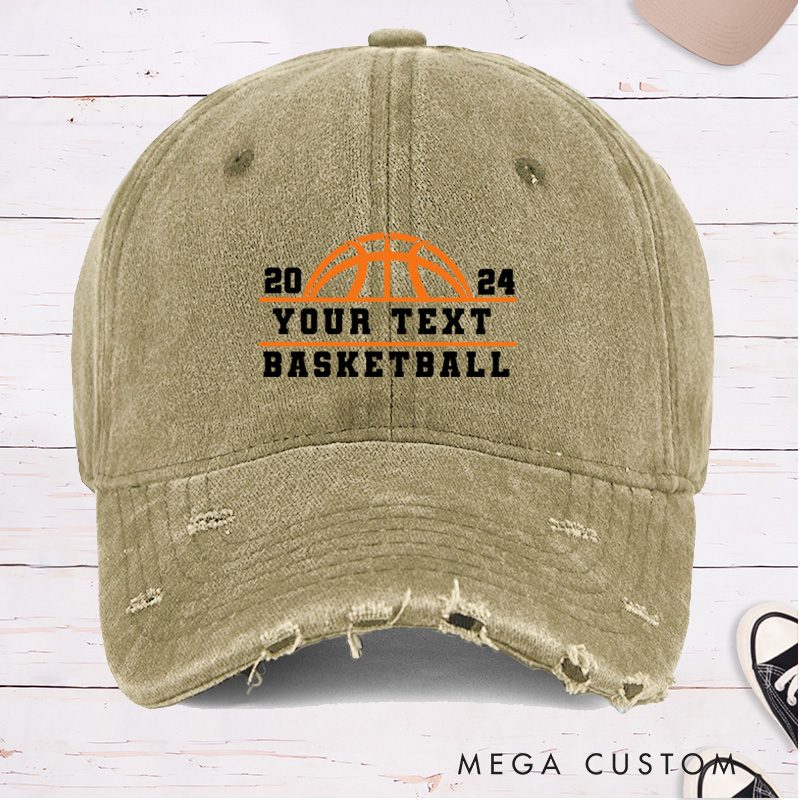 Personalized Distressed Denim Basketball Cap with Custom Year Team Name and Basketball Graphic Design