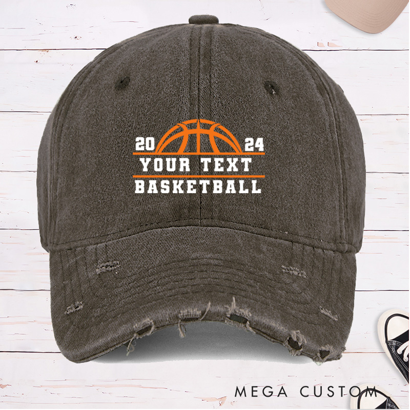 Personalized Distressed Denim Basketball Cap with Custom Year Team Name and Basketball Graphic Design
