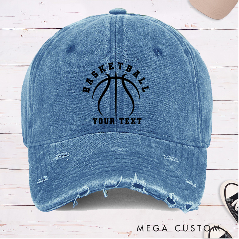 Personalized Distressed Denim Basketball Cap with Custom Text and Basketball Graphic Design