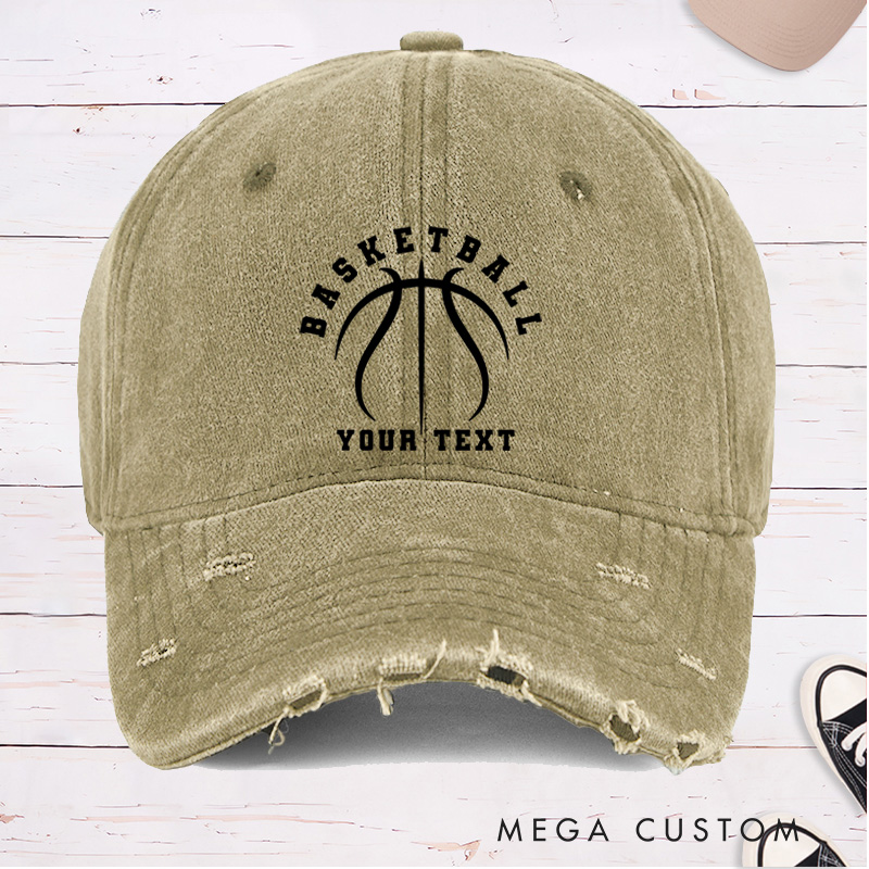 Personalized Distressed Denim Basketball Cap with Custom Text and Basketball Graphic Design