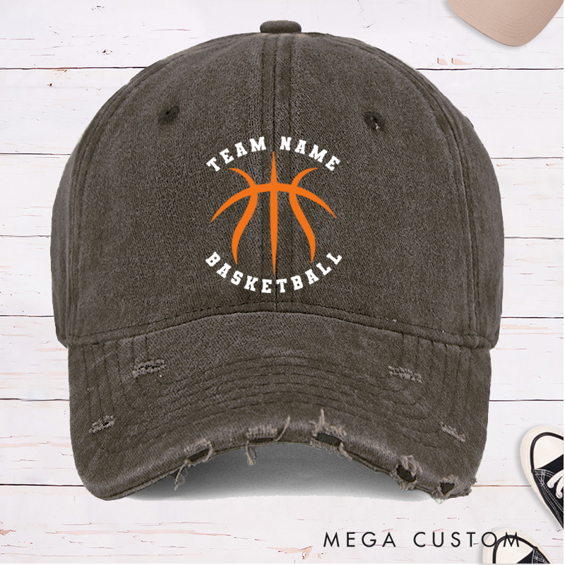 Personalized Distressed Denim Basketball Cap with Custom Team Name and Basketball Graphic Design