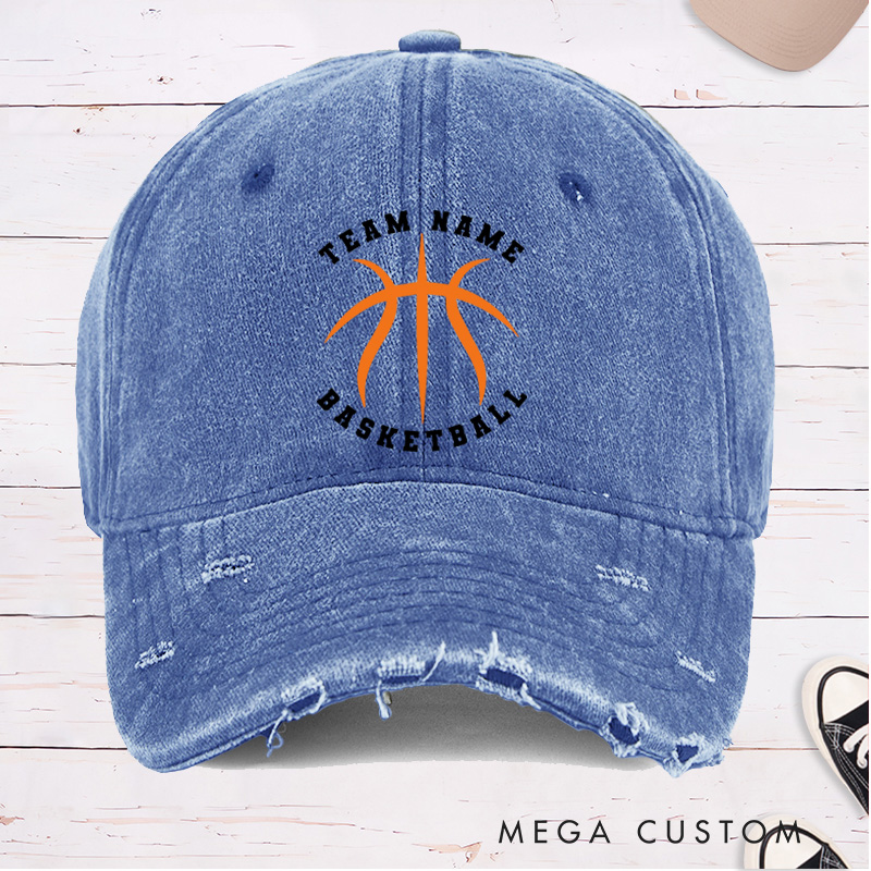 Personalized Distressed Denim Basketball Cap with Custom Team Name and Basketball Graphic Design