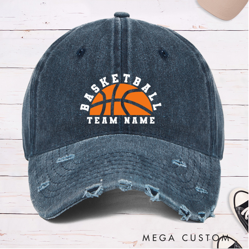 Personalized Distressed Denim Basketball Cap with Custom Team Name and Basketball Graphic Design