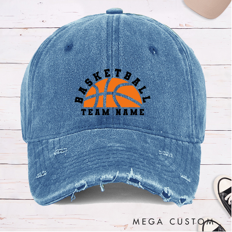Personalized Distressed Denim Basketball Cap with Custom Team Name and Basketball Graphic Design