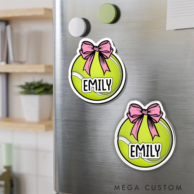 Personalized Tennis Ball Fridge Magnet Cute Pink Bow with Custom Name 