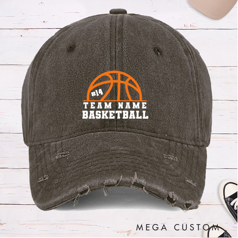 Personalized Distressed Denim Basketball Cap with Custom Team Name Player Number and Basketball Graphic Design