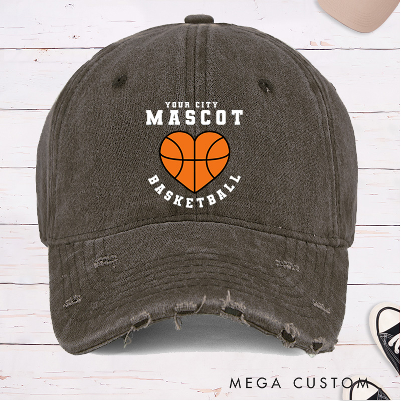Personalized Distressed Denim Basketball Cap with Custom Team Name Mascot and Heart Basketball Graphic Design