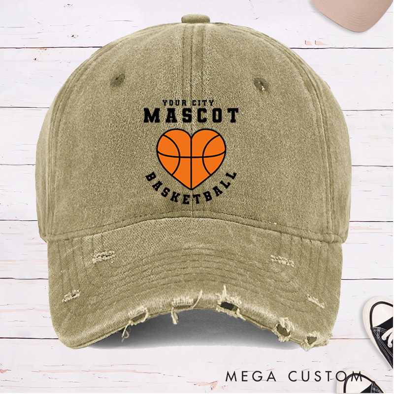 Personalized Distressed Denim Basketball Cap with Custom Team Name Mascot and Heart Basketball Graphic Design