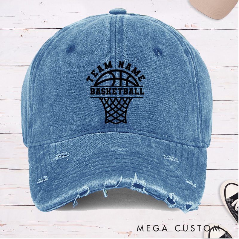 [Copy]Personalized Distressed Denim Basketball Cap with Custom Team Name Mascot and Heart Basketball Graphic Design