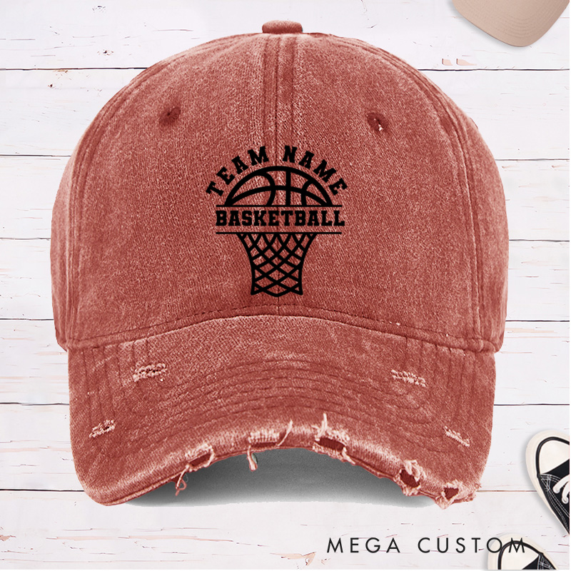 [Copy]Personalized Distressed Denim Basketball Cap with Custom Team Name Mascot and Heart Basketball Graphic Design