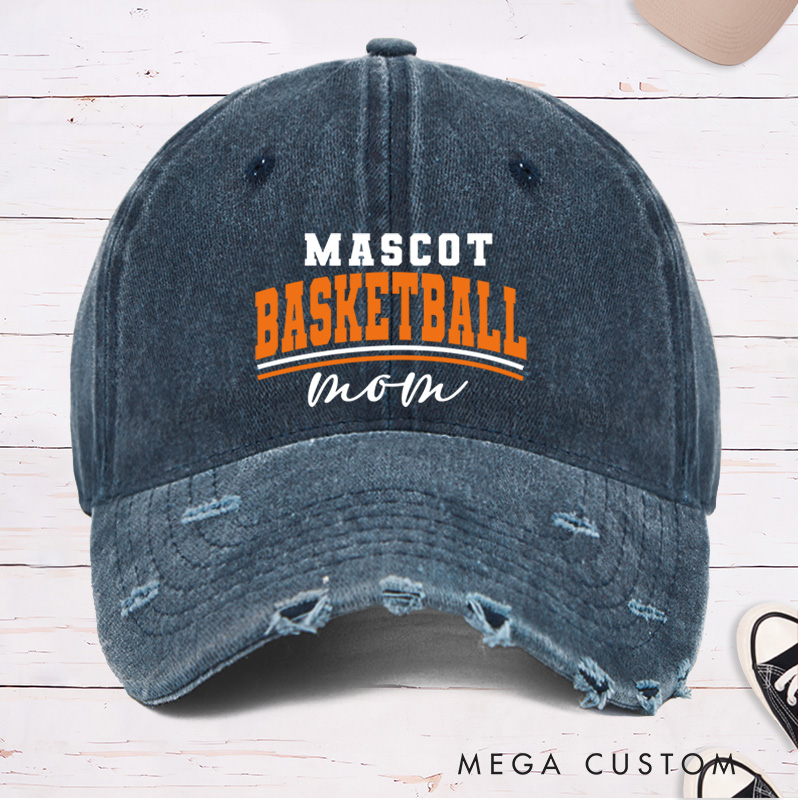 Personalized Distressed Denim Basketball Cap with Custom Mascot Basketball Mom Design