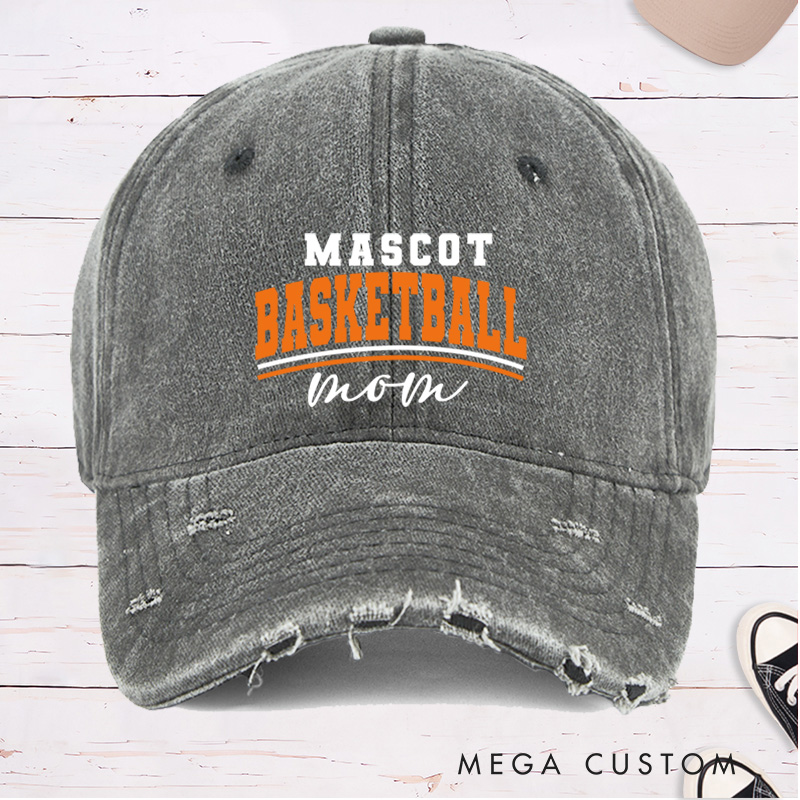 Personalized Distressed Denim Basketball Cap with Custom Mascot Basketball Mom Design