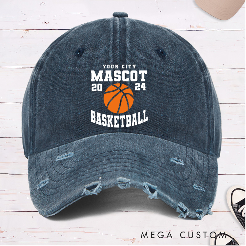 Personalized Distressed Denim Basketball Cap with Custom Team Name Year and Basketball Graphic Design