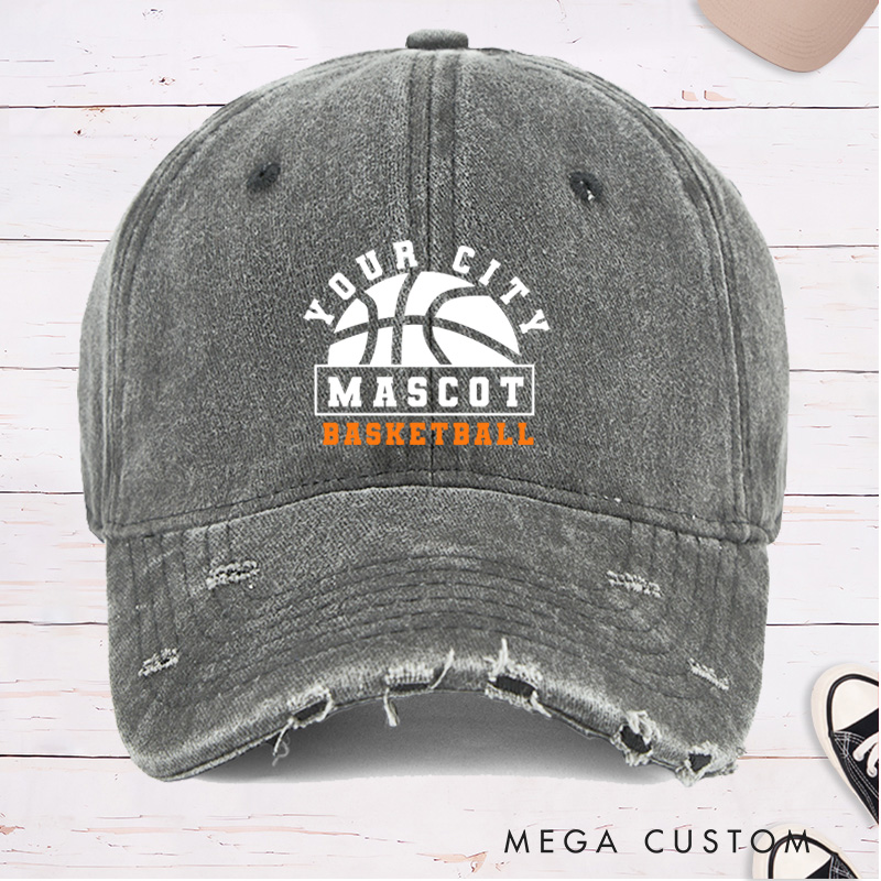 Personalized Distressed Denim Basketball Cap with Custom City Name Team Name and Basketball Graphic Design
