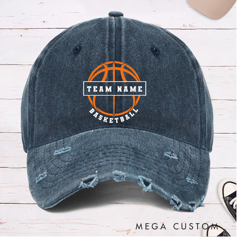 Personalized Distressed Denim Basketball Cap with Custom Team Name and Basketball Graphic Design