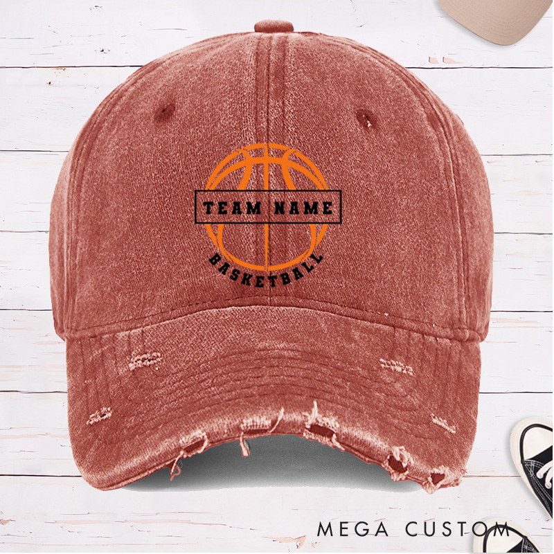 Personalized Distressed Denim Basketball Cap with Custom Team Name and Basketball Graphic Design