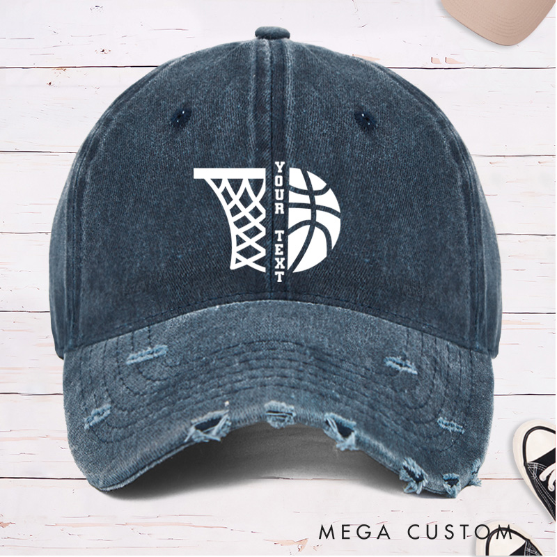 Personalized Distressed Denim Basketball Cap with Custom Text and Basketball Hoop Graphic Design