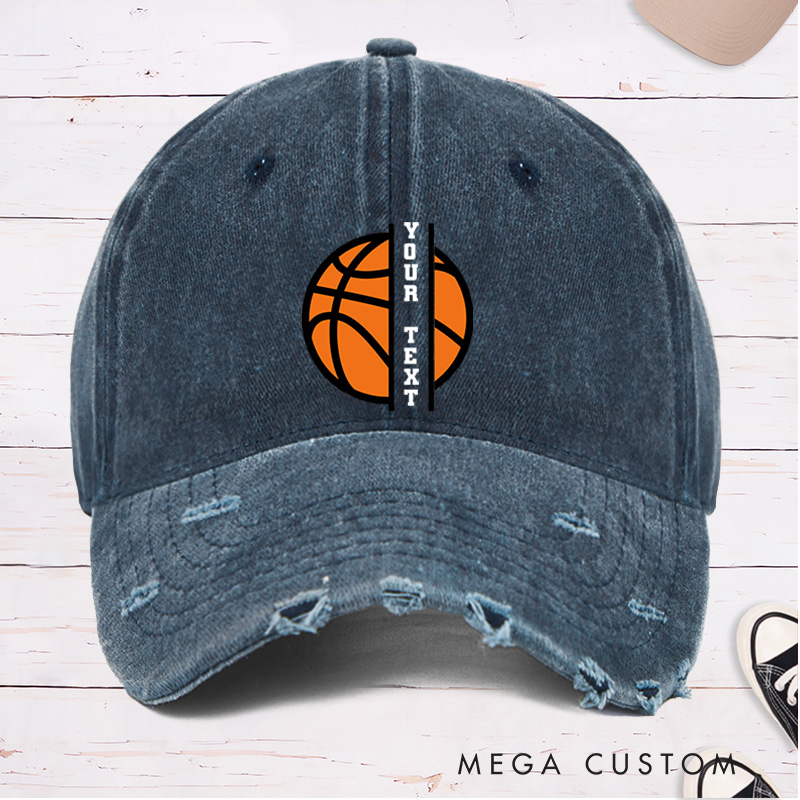 Personalized Distressed Denim Basketball Cap with Custom Text and Basketball Graphic Design