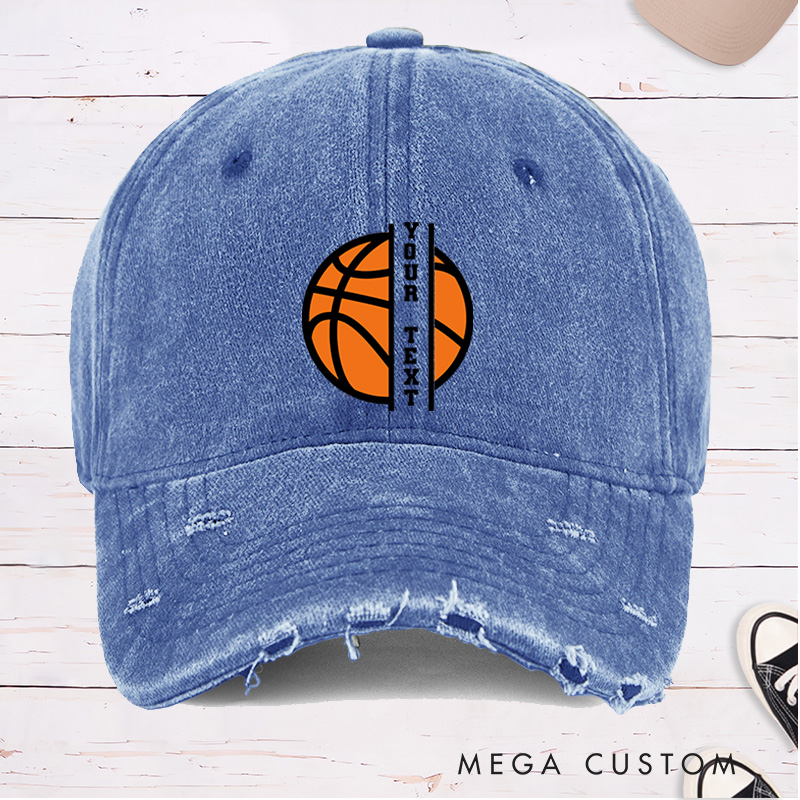 Personalized Distressed Denim Basketball Cap with Custom Text and Basketball Graphic Design