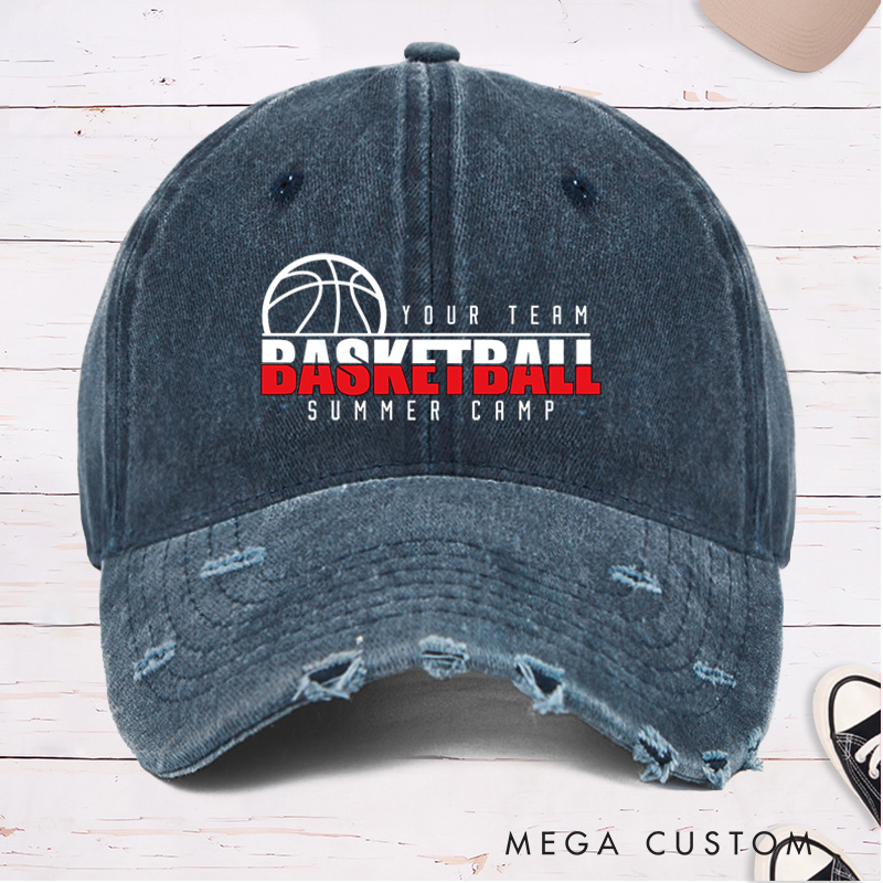 Personalized Distressed Denim Basketball Cap with Custom Team Name and "Basketball Summer Camp" Design