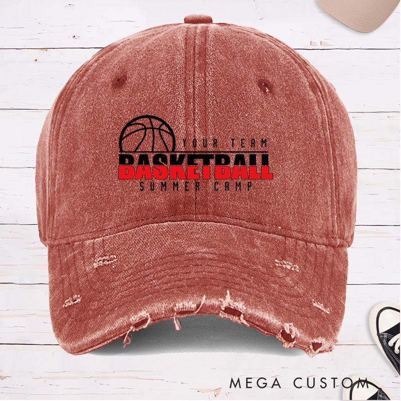 Personalized Distressed Denim Basketball Cap with Custom Team Name and "Basketball Summer Camp" Design