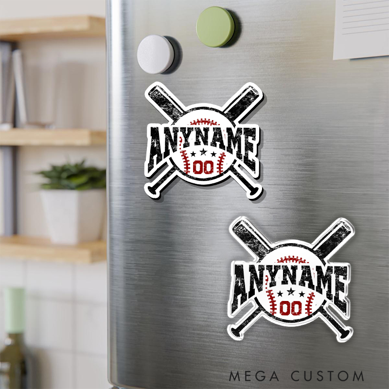 Personalized Baseball Fridge Magnet with Custom Name and Vintage Bat Design 