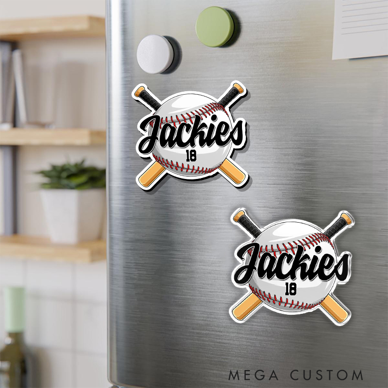 Personalized Baseball Fridge Magnet with Crossed Bats and Custom Name 