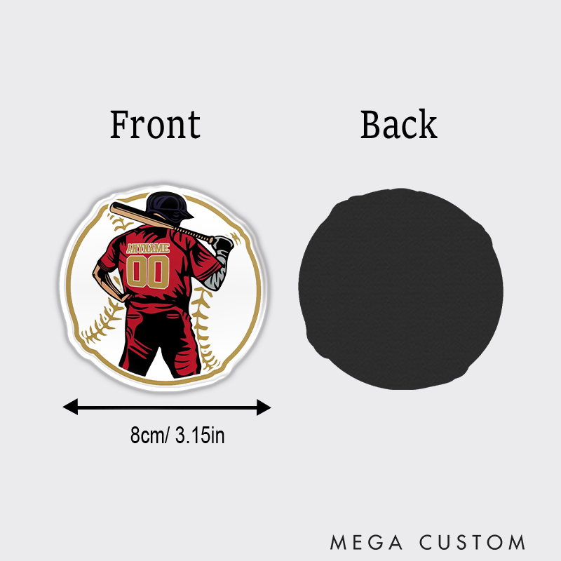 Personalized Baseball Fridge Magnet with Player Graphic and Custom Name and Number