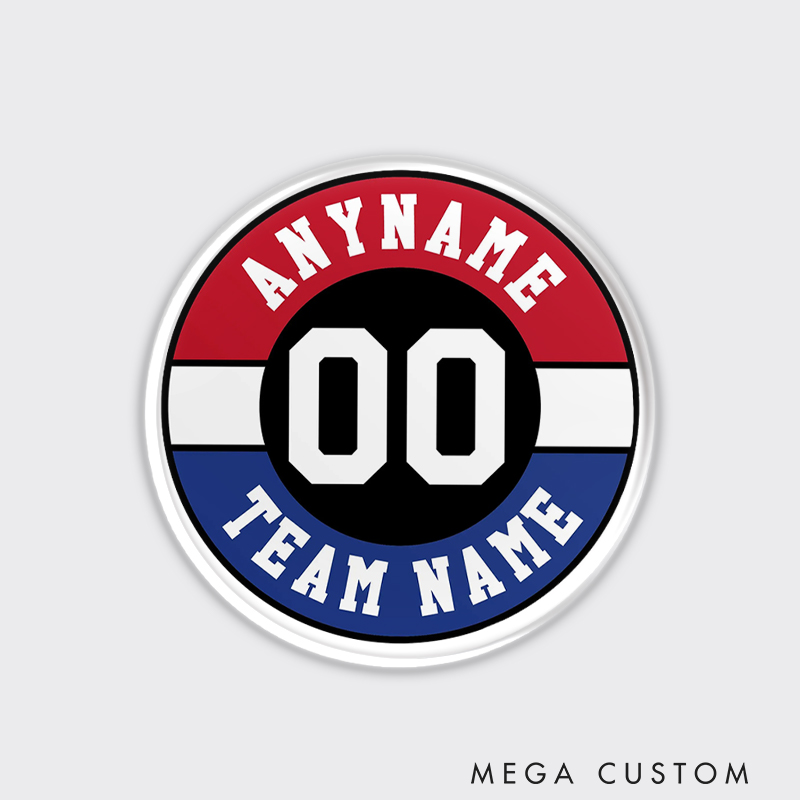 Personalized Circular Sports Fridge Magnet Featuring Team Colors and Text 