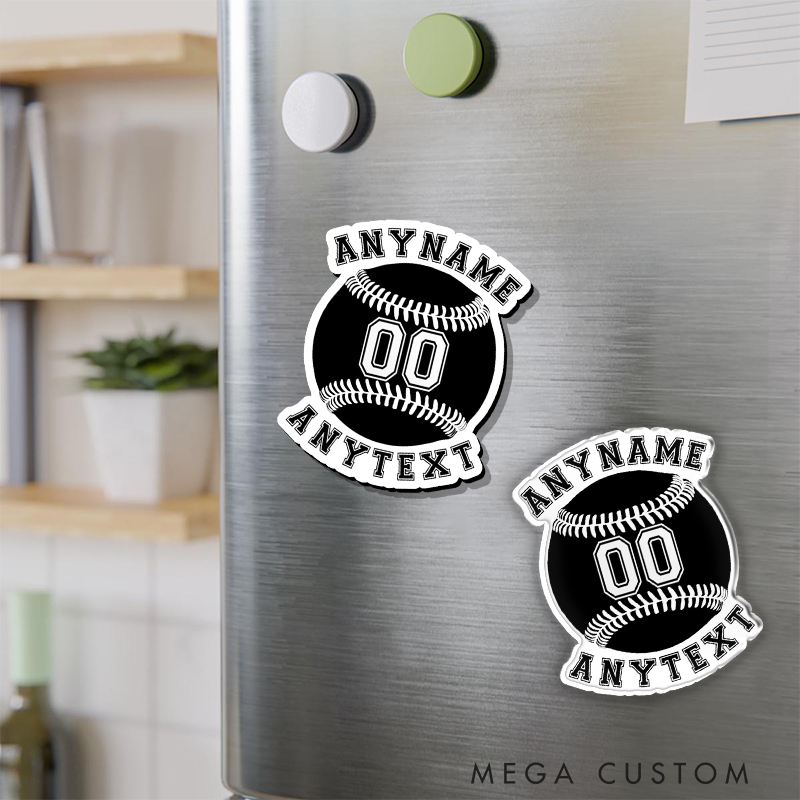 Personalized Baseball Fridge Magnet with Monochrome Theme and Custom Details  
