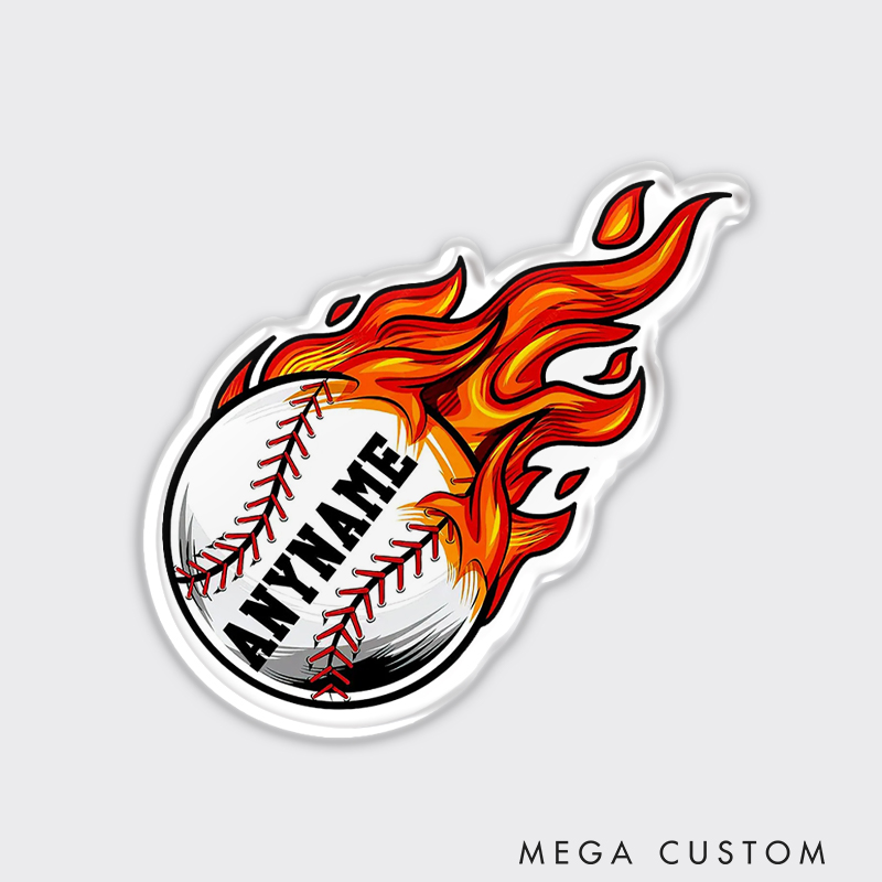 Personalized Baseball Fridge Magnet with Flaming Ball and Custom Name 
