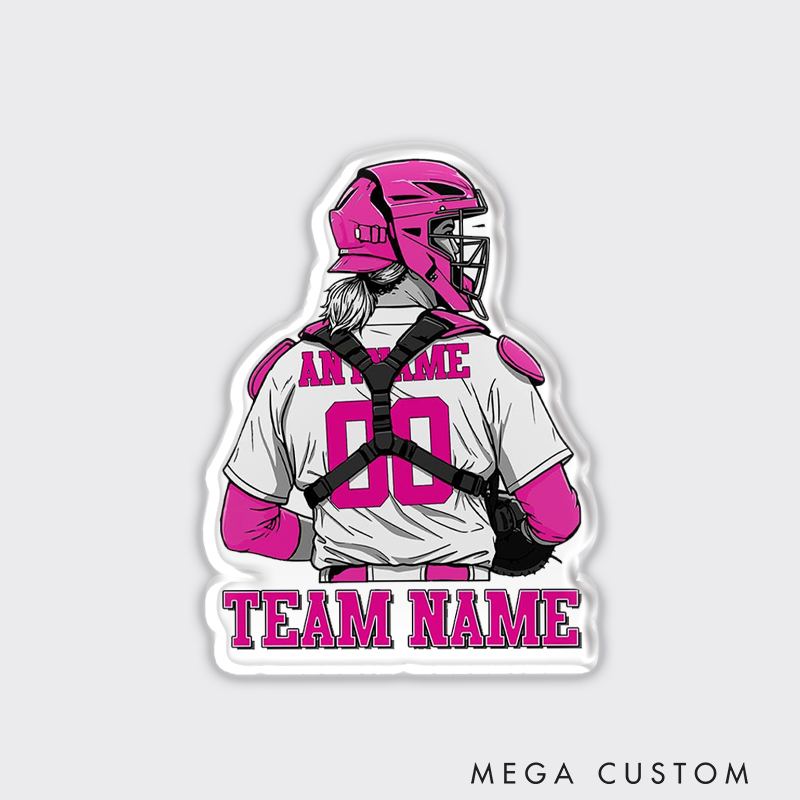 Personalized Baseball Fan Fridge Magnet with Catcher Design and Customizable Details 