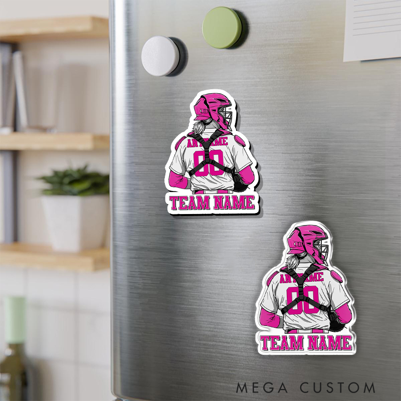 Personalized Baseball Fan Fridge Magnet with Catcher Design and Customizable Details 