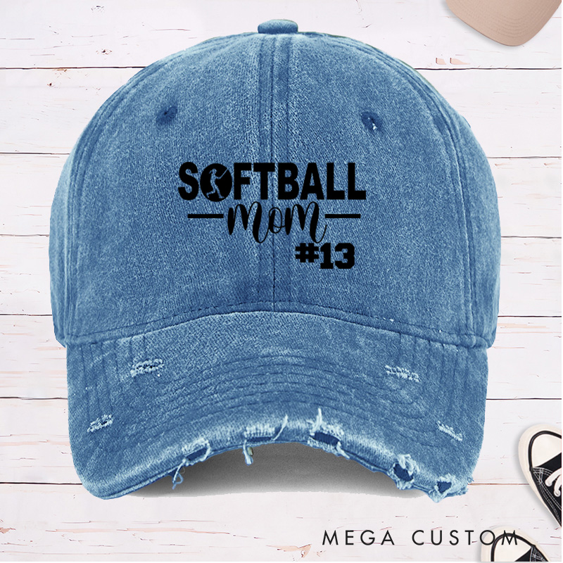 Personalized Distressed Denim "Softball Mom" Cap with Custom Player Number Design