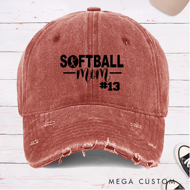 Personalized Distressed Denim "Softball Mom" Cap with Custom Player Number Design